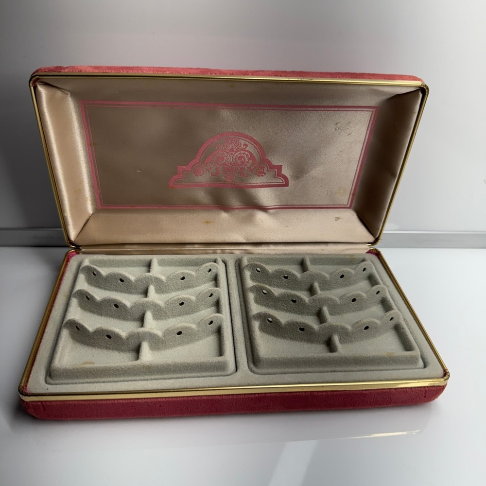 Vintage Jewelry Box Organizer Pink Velvet Lined Ring Earring‎ Storage 9" x 5"